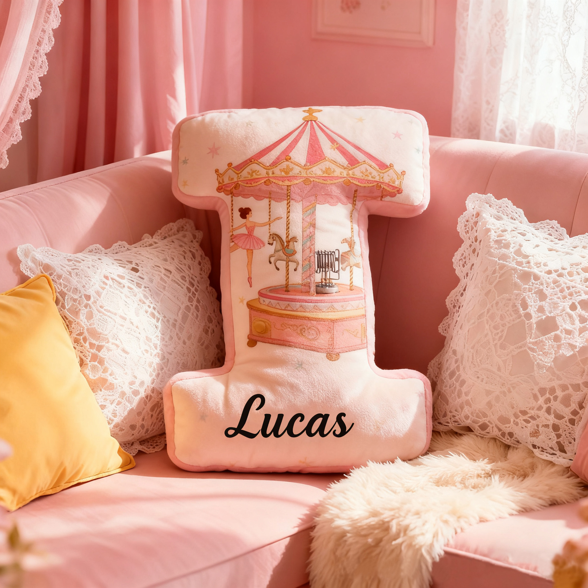 Personalized Ballet Carousel Pillow With Your Own Name Soft Stuffed Toy for Kids Unique Decorative Cushion for Girls' Room