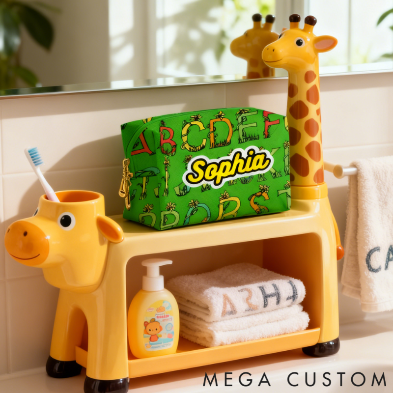 Personalized Botanical Alphabet Toiletry Bag Custom Name for Kids Travel Gifts and Daily Use