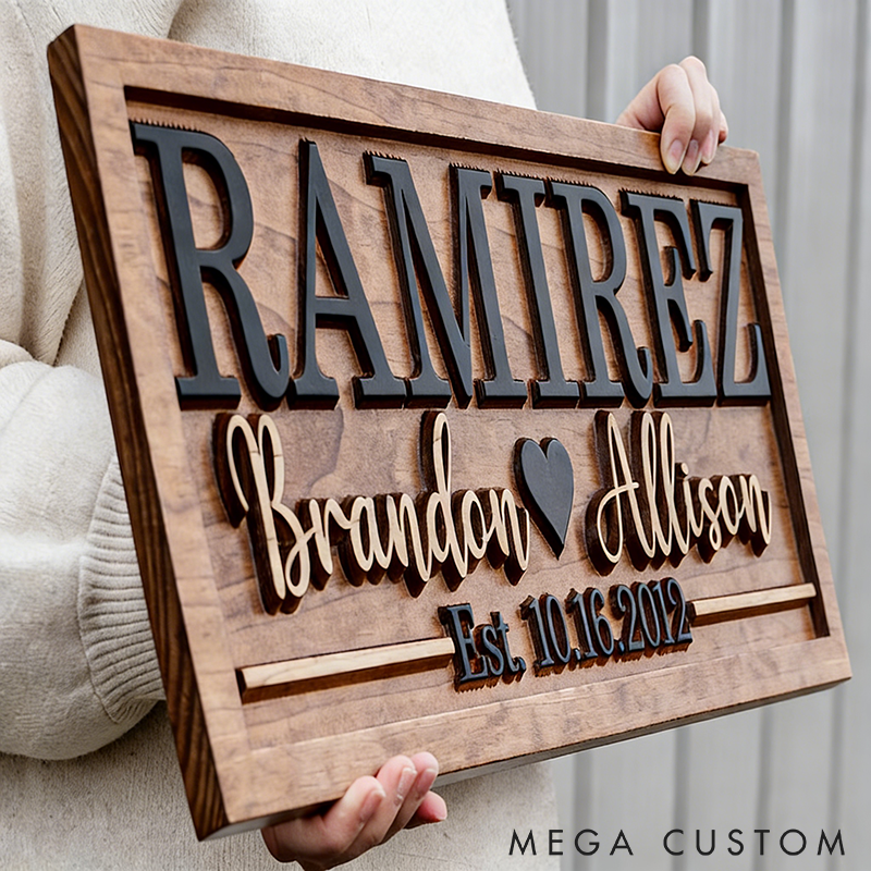 Personalized Wooden Family Name Sign Last Name Established Sign Anniversary Gift Engagement Gifts Valentines Day Gift Custom Couple Names and Time Rustic Home Decor