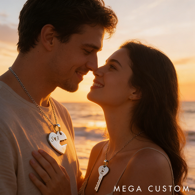 Personalized Couples Heart and Key Necklace Set Couples Jewelry Heart Necklace Key to My Heart Necklace Romantic Gift for Anniversaries Valentine's Day or Special Occasions