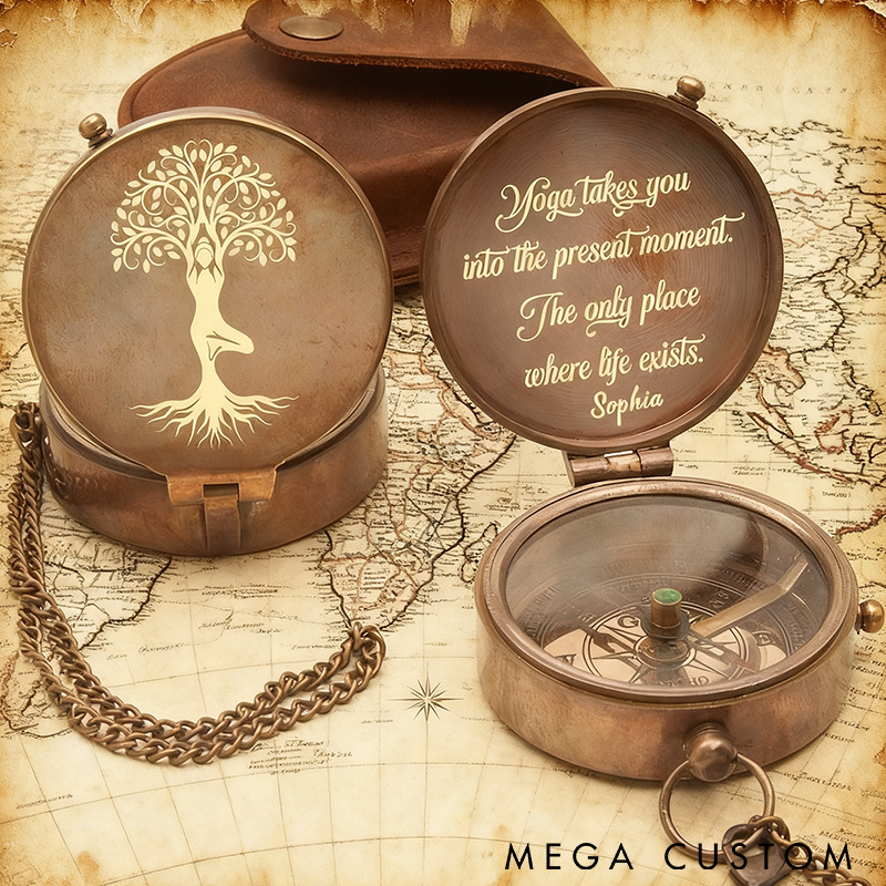 Personalized Yoga Compass with Vintage Tree Design and Inspirational Quote Unique Gift for Yoga Lovers