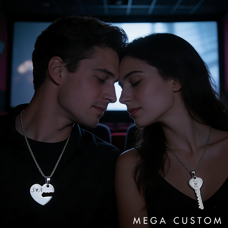 Personalized Couples Heart and Key Necklace Set Couples Jewelry Heart Necklace Key to My Heart Necklace Romantic Gift for Anniversaries Valentine's Day or Special Occasions