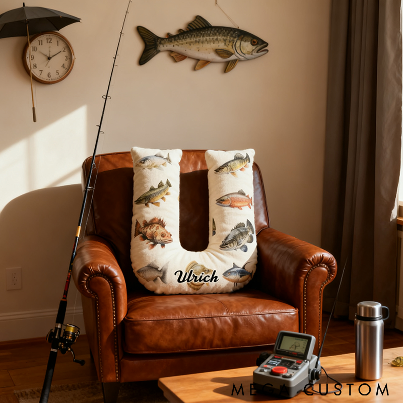 Personalized Fishing Letter Pillow Funny Fishing Pillow Custom Name Cushion with Realistic Fish Prints Graphic 3D Print Soft and Unique Gift for Fishing Enthusiasts and Home Decor