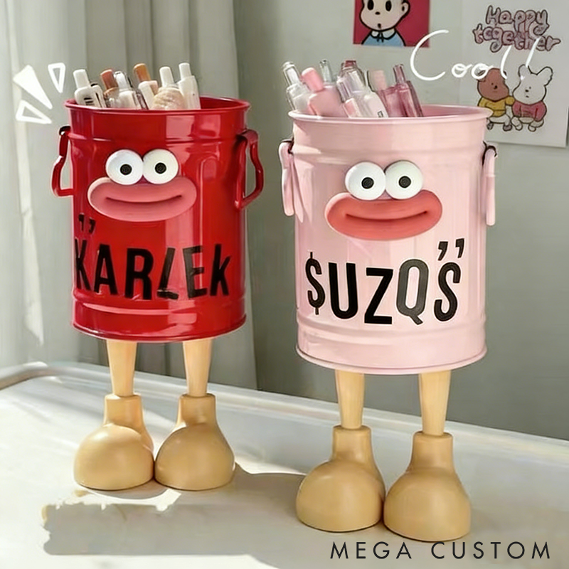 Funny Bucket Pen Holder Cute Cartoon Design with Legs Minimalist Vintage Office Storage Pen Cup Desktop Organizer for Office School or Home Decor