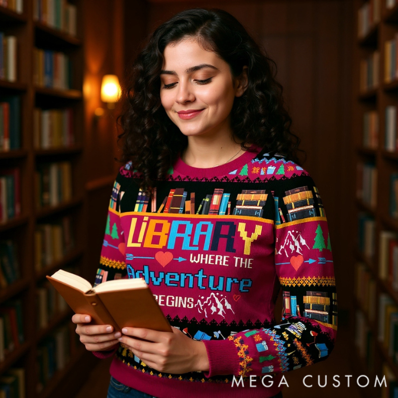 Personalized Library Adventure Ugly Sweater Holiday Gift for Librarians