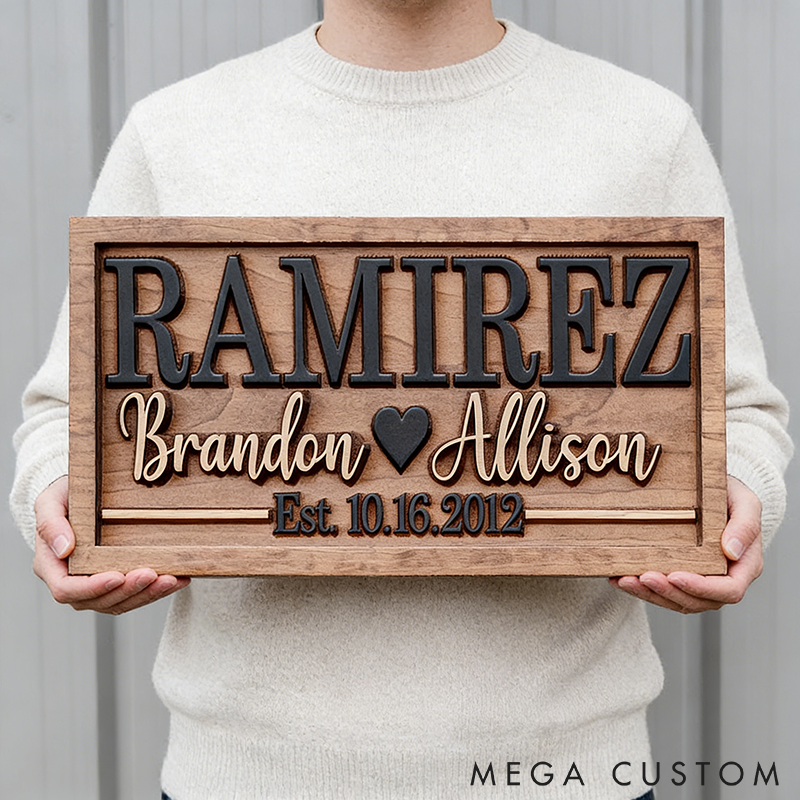Personalized Wooden Family Name Sign Last Name Established Sign Anniversary Gift Engagement Gifts Valentines Day Gift Custom Couple Names and Time Rustic Home Decor
