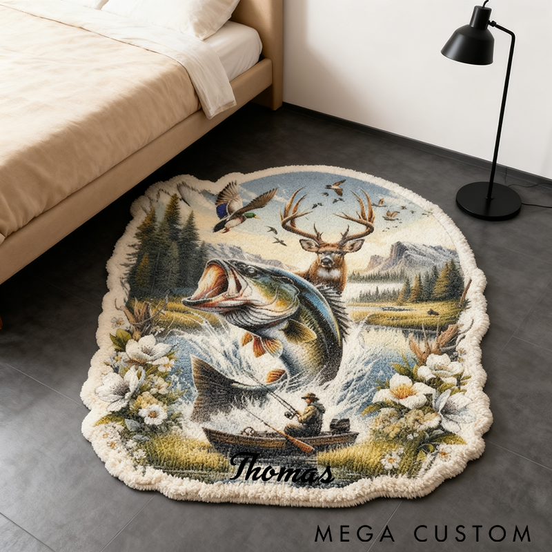 Personalized Fishing Rug Funny Fishing Rug with Lifelike Bass Deer and Nature Scene Custom Name Perfect for Fishing Enthusiasts and Home Decor