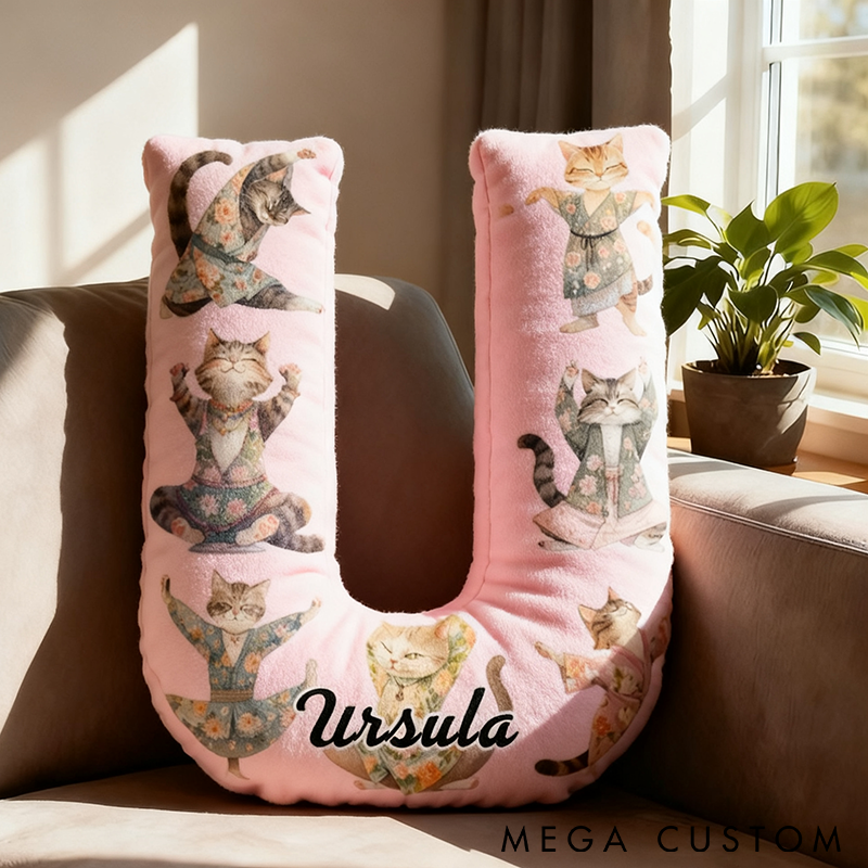 Personalized Yoga Letter Pillow Funny Yoga PillowCustom Name Cushion with Cute Cat Yoga Poses Graphic 3D Print Soft and Fun Gift for Yoga and Cat Lovers