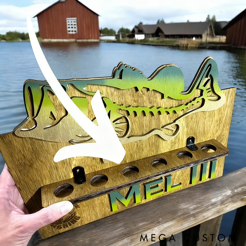 Personalized Fishing Rod Holder Wall Mount Custom Name Wooden Rack with Fish Design Perfect for Organizing Gear and Fishing Enthusiast Gifts