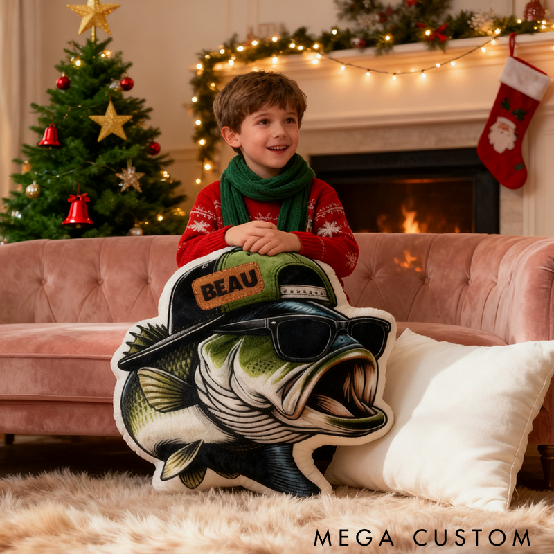 Personalized Fishing Pillow Funny Fishing Pillow Custom Name Cool Fish Design with Hat and Glasses Graphic 3D Print Soft Plush Gift for Kids or Fishing Enthusiasts