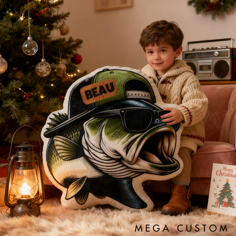 Personalized Fishing Pillow Funny Fishing Pillow Custom Name Cool Fish Design with Hat and Glasses Graphic 3D Print Soft Plush Gift for Kids or Fishing Enthusiasts