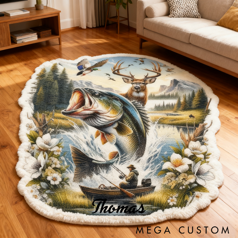 Personalized Fishing Rug Funny Fishing Rug with Lifelike Bass Deer and Nature Scene Custom Name Perfect for Fishing Enthusiasts and Home Decor