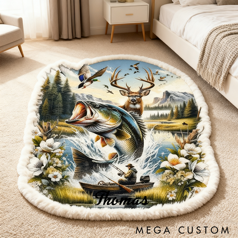 Personalized Fishing Rug Funny Fishing Rug with Lifelike Bass Deer and Nature Scene Custom Name Perfect for Fishing Enthusiasts and Home Decor