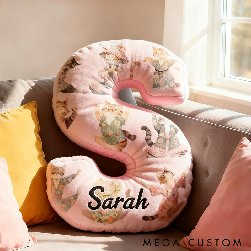 Personalized Yoga Letter Pillow Funny Yoga PillowCustom Name Cushion with Cute Cat Yoga Poses Graphic 3D Print Soft and Fun Gift for Yoga and Cat Lovers
