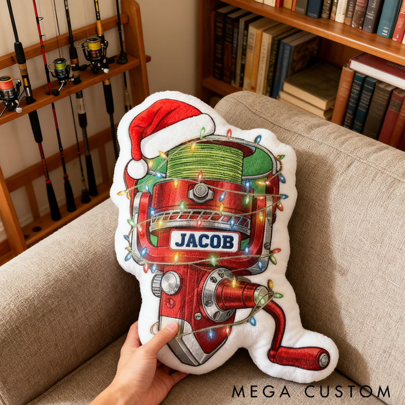 Personalized Fishing Reel Pillow Christmas Design with Santa Hat Custom Name Graphic 3D Print Soft and Festive Gift for Fishing Enthusiasts