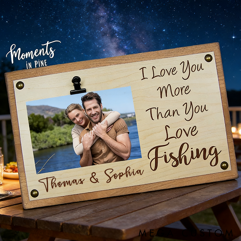 Personalized Fishing Photo Frame with Romantic Message Custom Names Perfect Gift for Couples and Fishing Lovers Rustic Wooden Design