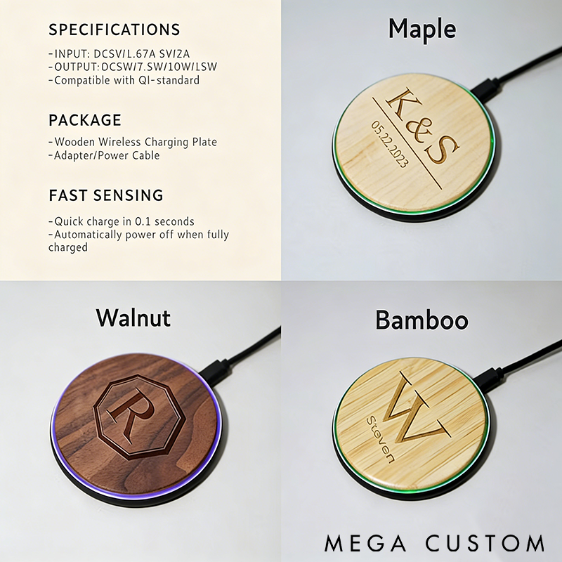 Personalized Name and Logo Wooden Wireless Charger Station Custom Phone Pad 15W Portable Qi Fast Charging Corporate Employee Coworkers Gift