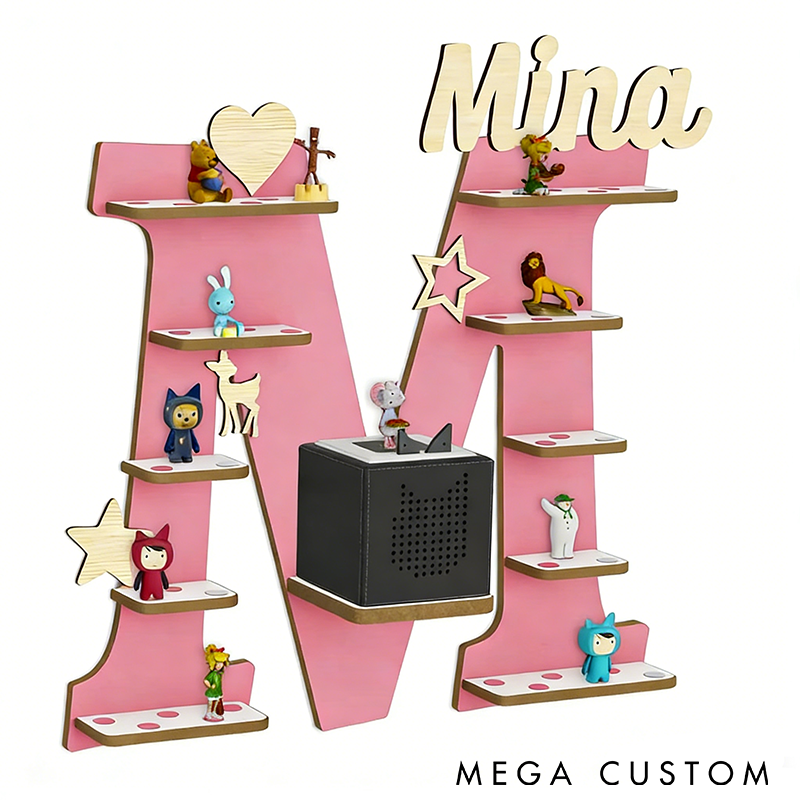Personalized Letter Shelf for Toniebox Storage Tonie Shelf Wall Shelf for Tonie Figures Custom Name Display Wooden Organizer for Figures Kids' Room Decor with Charging Slot