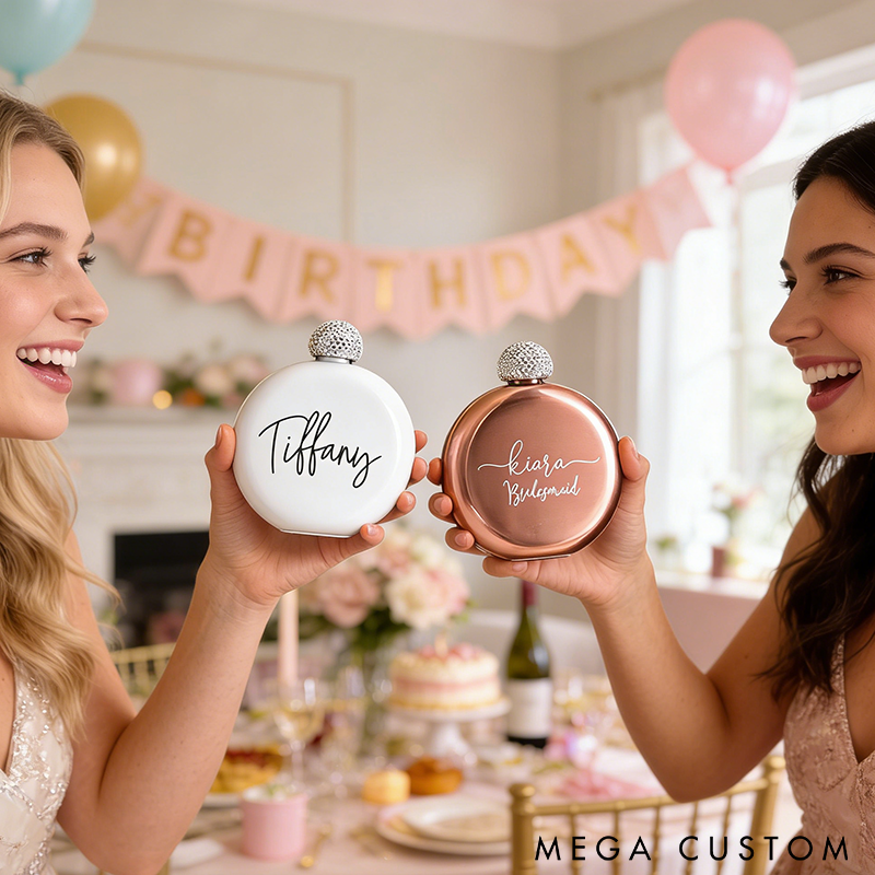 Personalized Rhinestone Flask Funny Bridesmaid Gift or Valentine's Day Gift for Her Custom Flask for Girls Trip or Wedding Party Perfect for Bridesmaid Gifts Birthdays and Special Occasions