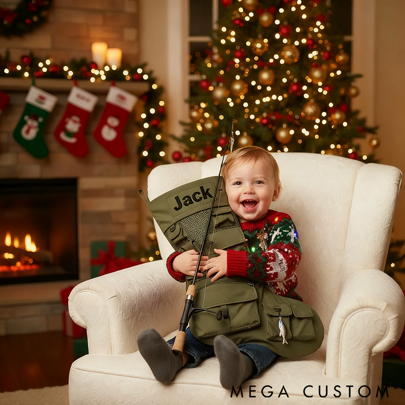 Personalized Fishing Christmas Stocking Christmas Decor Custom Name Stocking Multi-Pocket Design Perfect Holiday Gift for Anglers