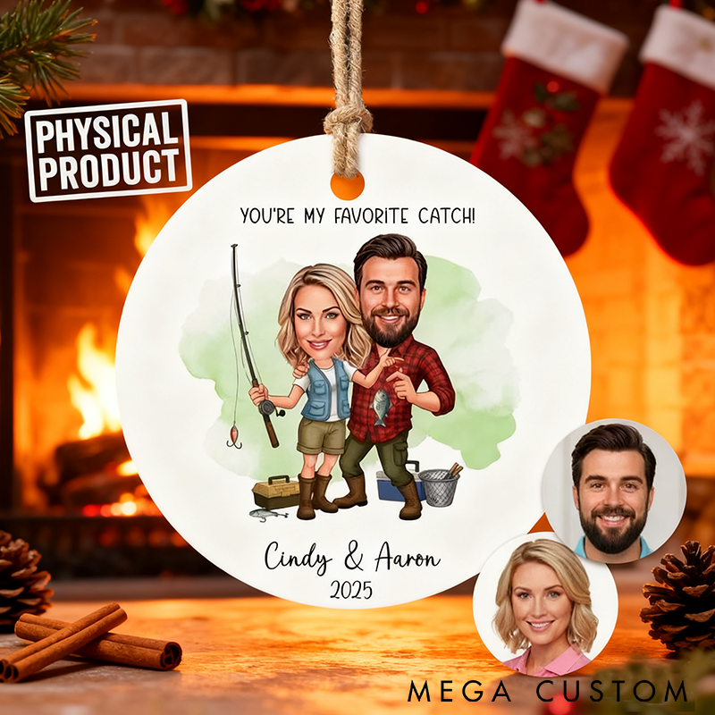 Personalized Fishing Ornament Fishing Christmas Ornament Custom Couple Caricature and Names Perfect Holiday Gift for Fishing Lovers