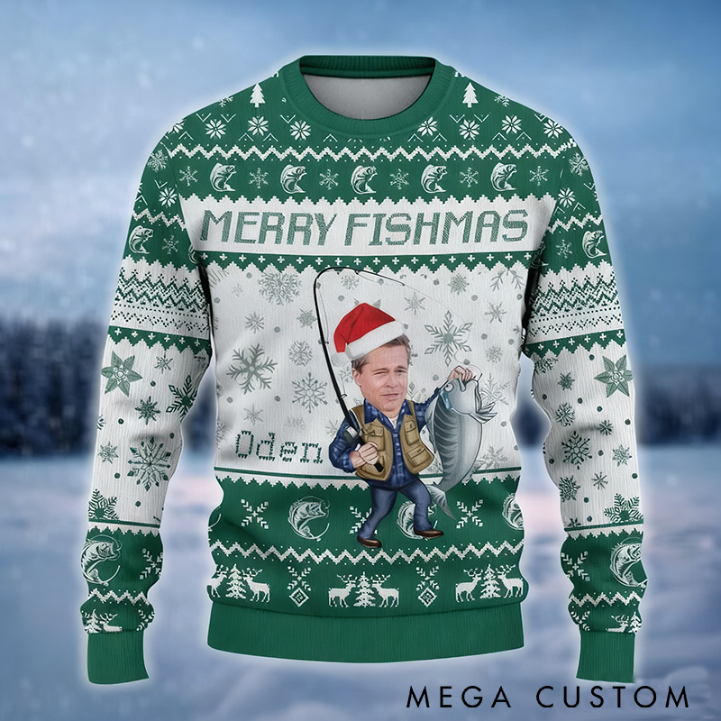 Personalized Merry Fishmas Sweater Fishing Ugly Christmas Sweater Custom Photo and Name Perfect Gift for Fishing Enthusiasts