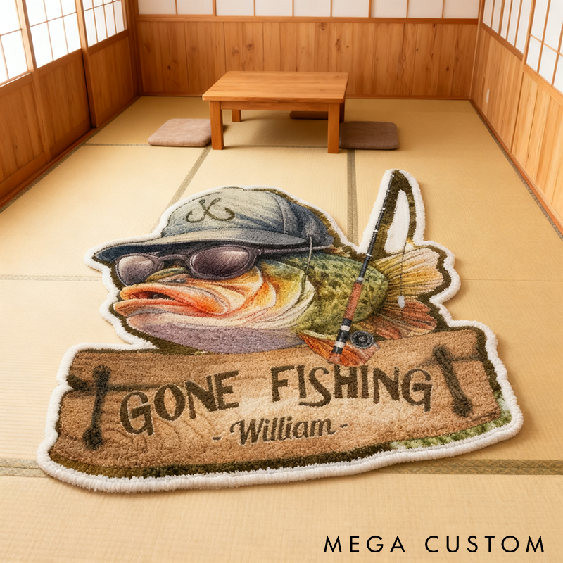 Personalized Gone Fishing Rug Custom Name Fish-Shaped Carpet for Kids Room or Fishing Lovers Graphic 3D Print Funny and Unique Home Decor Gift 