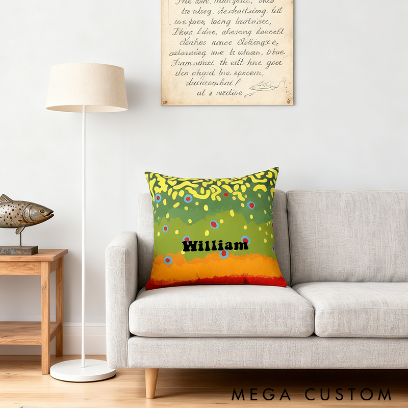 Personalized Fishing Pillow Brook Trout Pillow Custom Name Soft and Stylish Home Decor for Fishing Enthusiasts and Unique Gifts