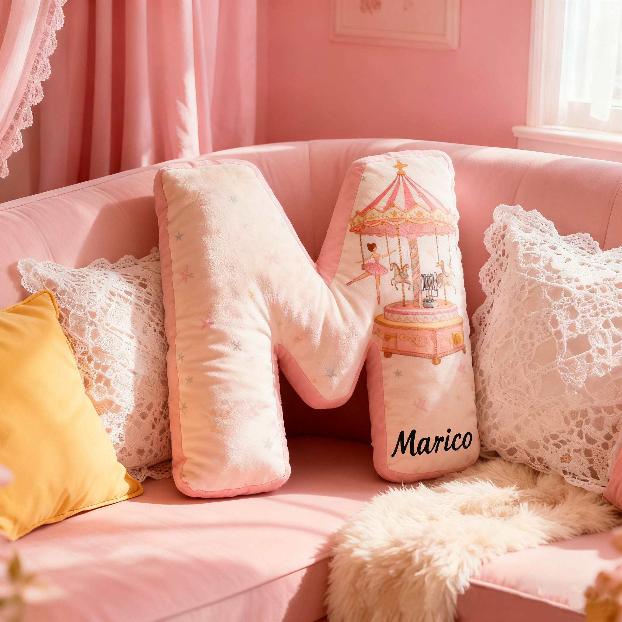 Personalized Ballet Carousel Pillow With Your Own Name Soft Stuffed Toy for Kids Unique Decorative Cushion for Girls' Room