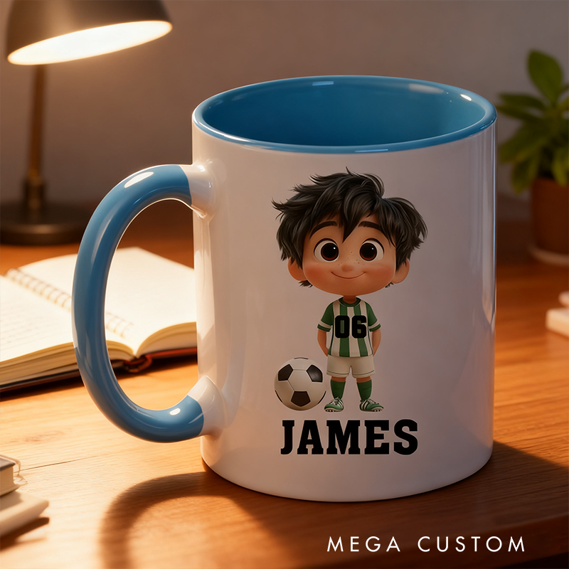 Personalized Soccer Mug with Custom Name and Cartoon Character Design