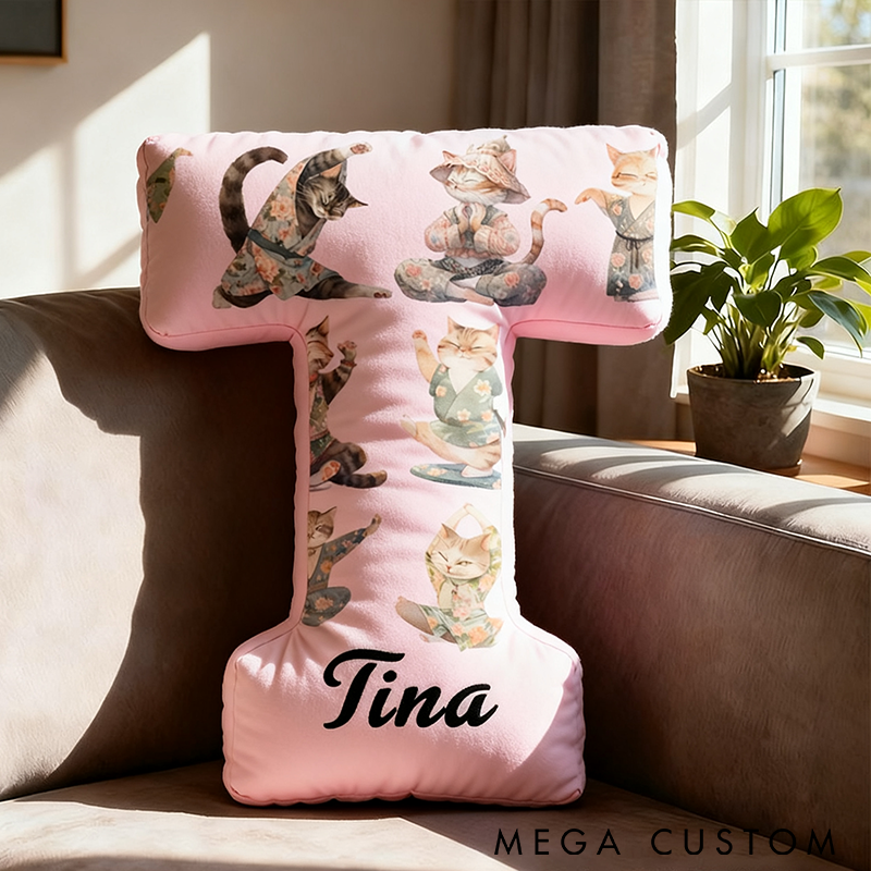 Personalized Yoga Letter Pillow Funny Yoga PillowCustom Name Cushion with Cute Cat Yoga Poses Graphic 3D Print Soft and Fun Gift for Yoga and Cat Lovers