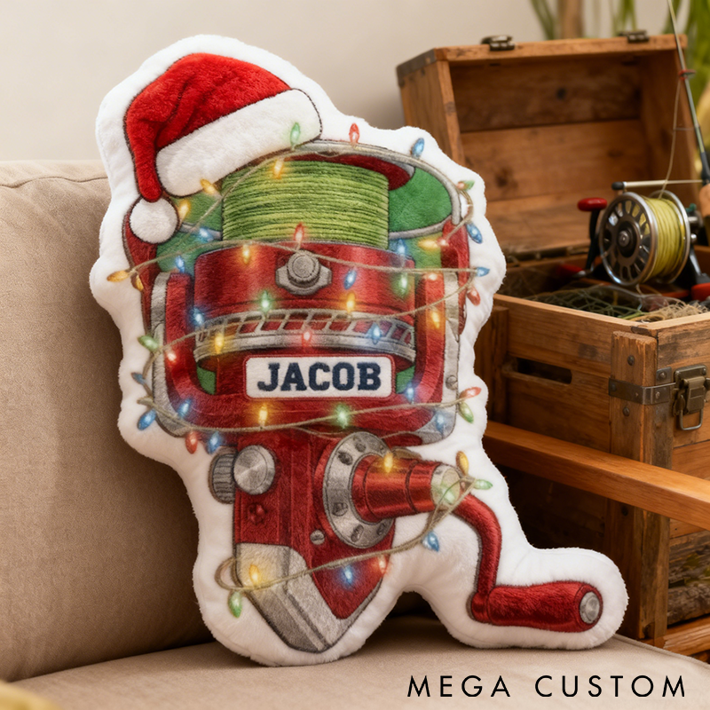 Personalized Fishing Reel Pillow Christmas Design with Santa Hat Custom Name Graphic 3D Print Soft and Festive Gift for Fishing Enthusiasts