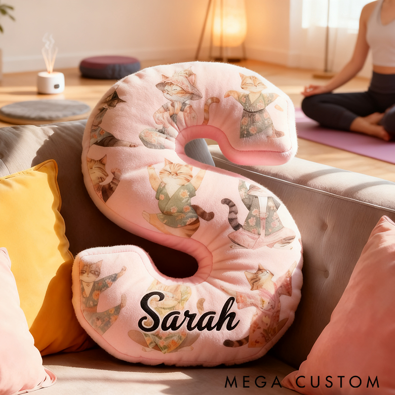 Personalized Yoga Letter Pillow Funny Yoga PillowCustom Name Cushion with Cute Cat Yoga Poses Graphic 3D Print Soft and Fun Gift for Yoga and Cat Lovers