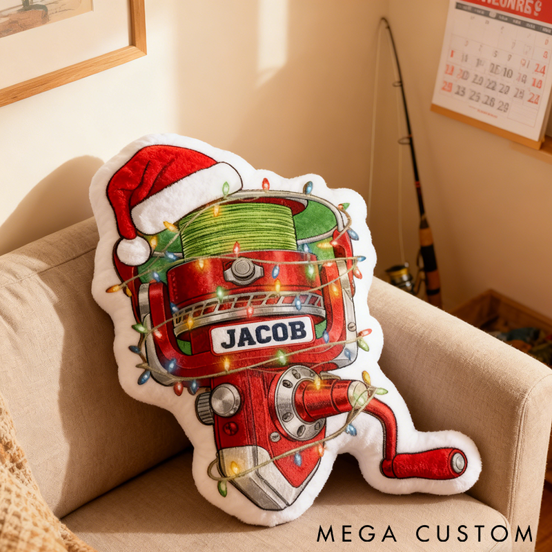 Personalized Fishing Reel Pillow Christmas Design with Santa Hat Custom Name Graphic 3D Print Soft and Festive Gift for Fishing Enthusiasts