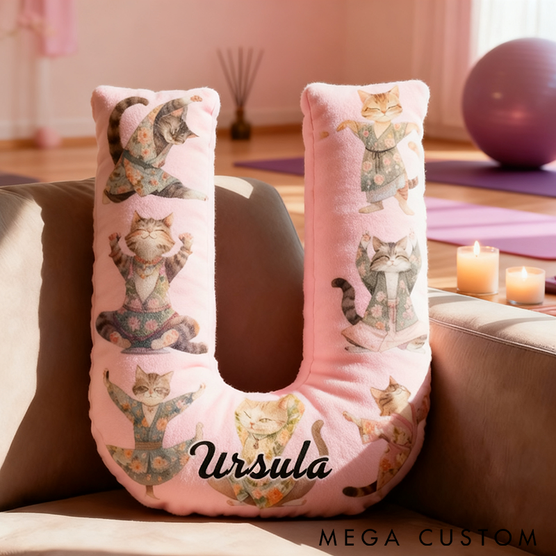 Personalized Yoga Letter Pillow Funny Yoga PillowCustom Name Cushion with Cute Cat Yoga Poses Graphic 3D Print Soft and Fun Gift for Yoga and Cat Lovers