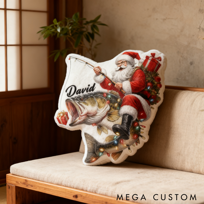 Personalized Santa Fishing Pillow Funny Fishing Pillow Custom Name Graphic 3D Print Soft Christmas Decor for Fishing Lovers Perfect Holiday Gift for Kids and Anglers