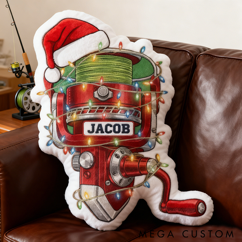 Personalized Fishing Reel Pillow Christmas Design with Santa Hat Custom Name Graphic 3D Print Soft and Festive Gift for Fishing Enthusiasts