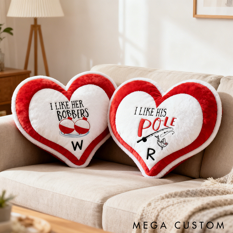 Personalized Couple Fishing Themed Heart Pillows Funny Fishing Pillows Custom Initials Funny Bobber and Pole Design Graphic 3D Print Perfect Gift for Fishing Lovers and Couples