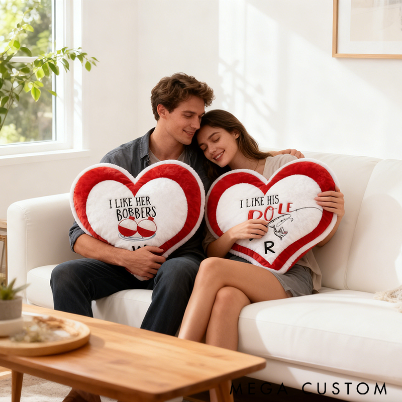 Personalized Couple Fishing Themed Heart Pillows Funny Fishing Pillows Custom Initials Funny Bobber and Pole Design Graphic 3D Print Perfect Gift for Fishing Lovers and Couples
