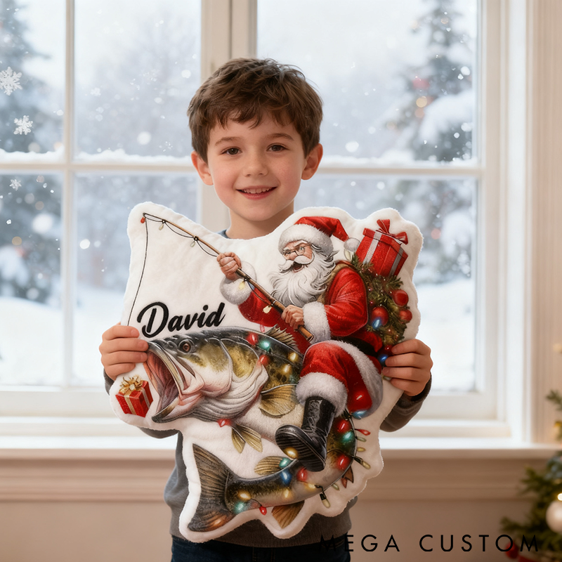 Personalized Santa Fishing Pillow Funny Fishing Pillow Custom Name Graphic 3D Print Soft Christmas Decor for Fishing Lovers Perfect Holiday Gift for Kids and Anglers