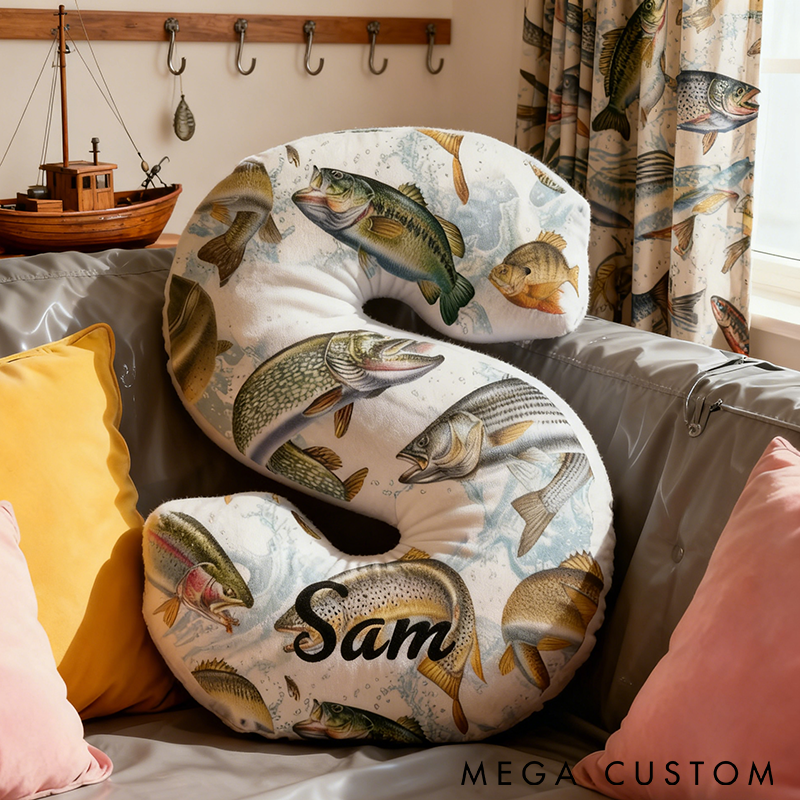 Personalized Fishing Letter Pillow Soft and Cozy with Freshwater Fish Design Custom Name Perfect Gift for Anglers and Home Decor