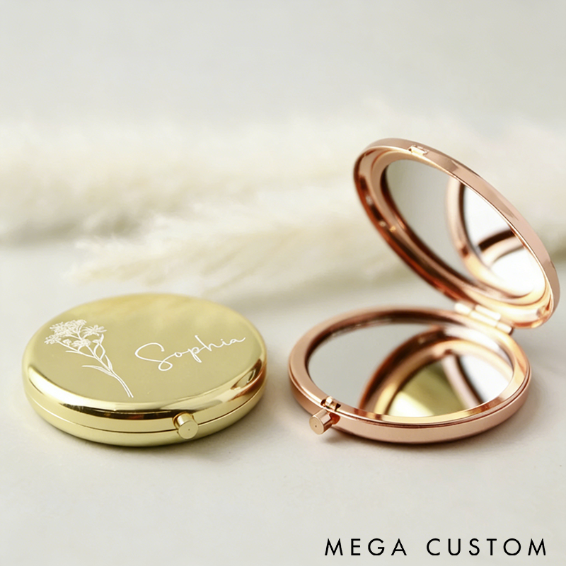 Personalized Compact Mirror Custom Name and Birth Flower Pocket Mirror Portable Makeup Mirror Perfect Gift for Women