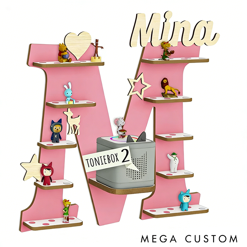 Personalized Letter Shelf for Toniebox Storage Tonie Shelf Wall Shelf for Tonie Figures Custom Name Display Wooden Organizer for Figures Kids' Room Decor with Charging Slot