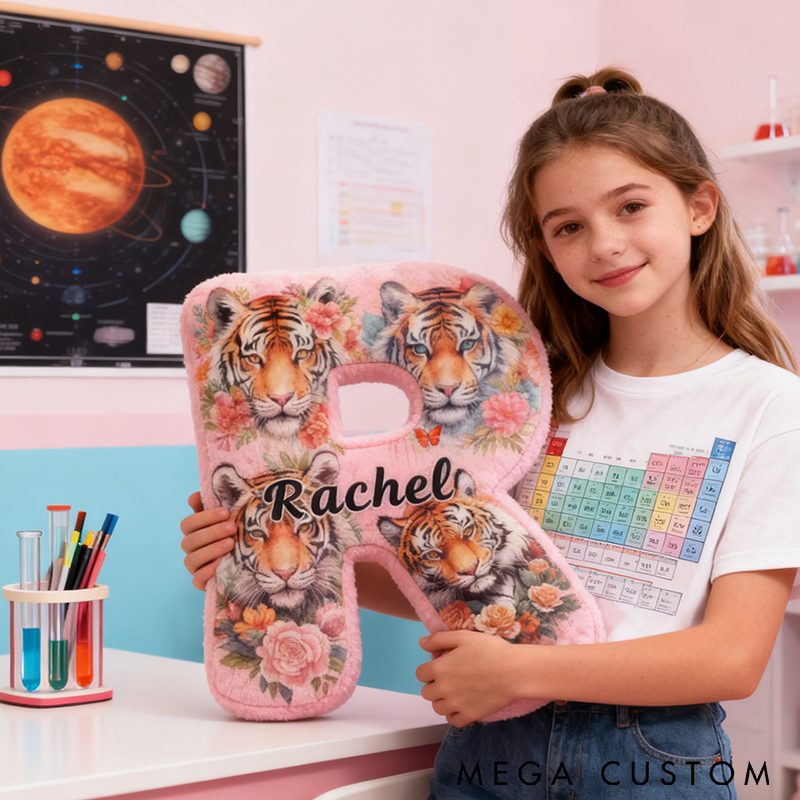 Personalized Tiger Letter Pillow Soft Plush Nature Adventure Design Custom Name Graphic 3D Print Perfect for Wildlife Enthusiasts and Unique Home Decor