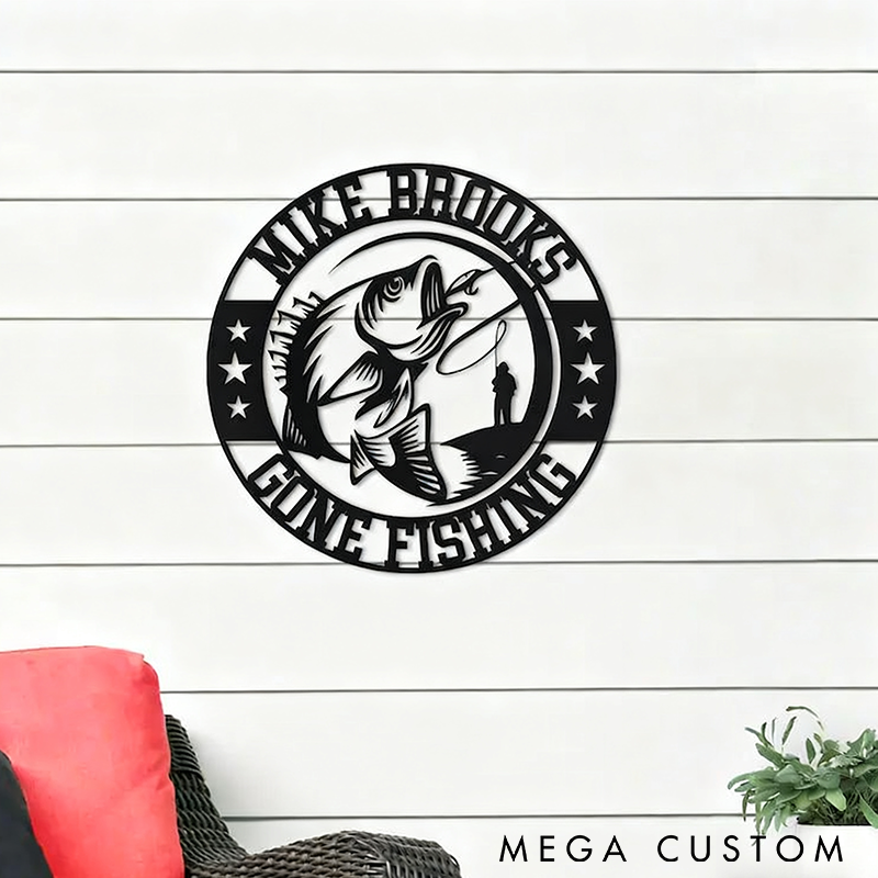 Personalized Metal Fishing Wall Art Custom Name Decor with Fish and Angler Design Perfect for Home Cabin or Gift for Fishing Enthusiasts