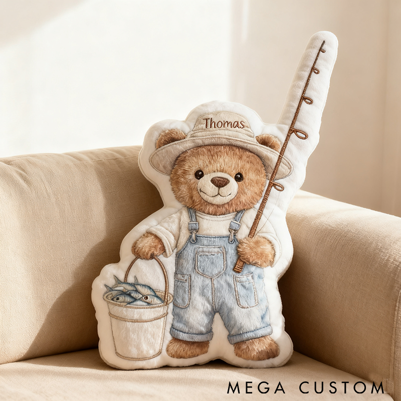 Personalized Fishing Bear Plush Pillow Funny Fishing Pillow Custom Gift for Kids Fisherman Design Custom Name Perfect for Fishing Lovers