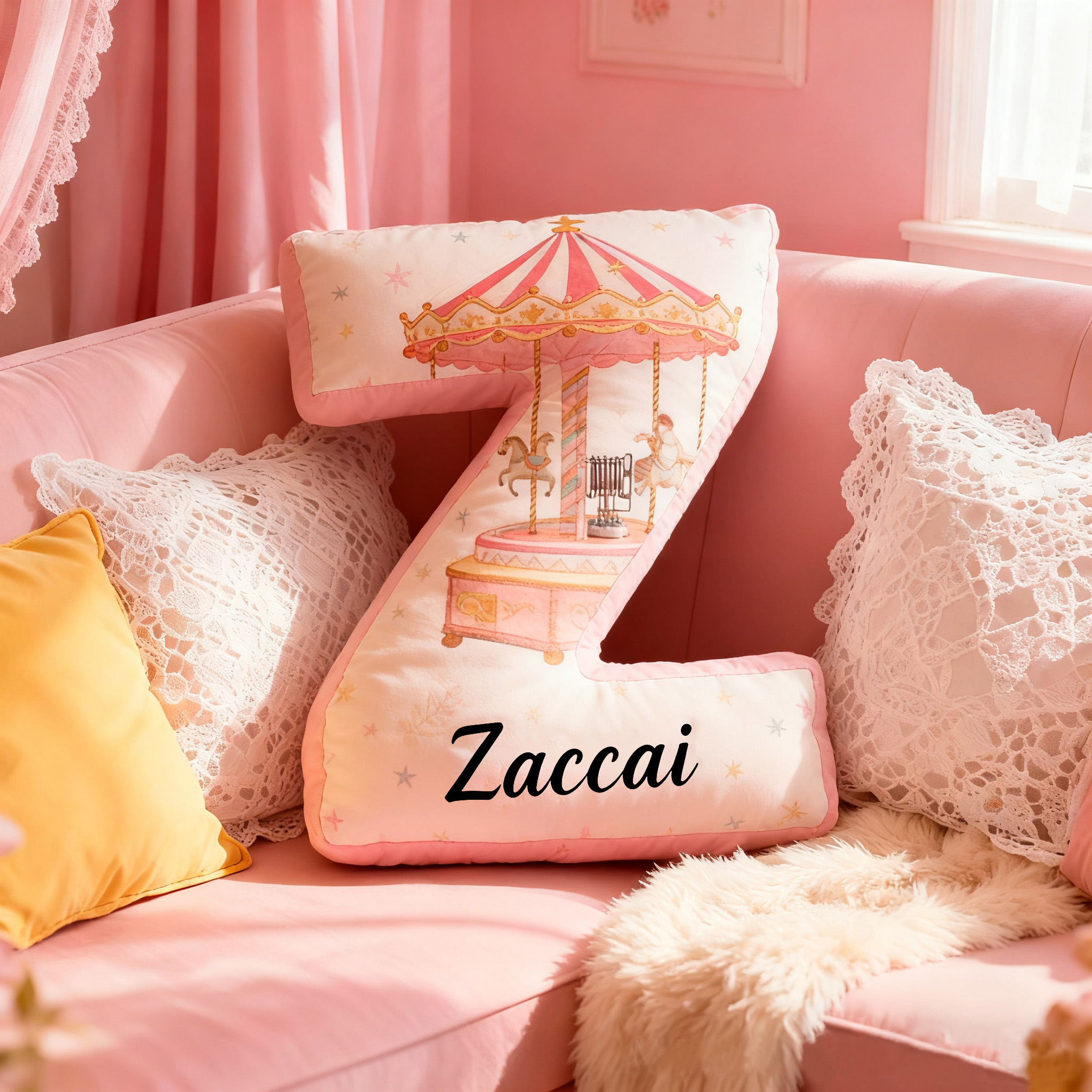 Personalized Ballet Carousel Pillow With Your Own Name Soft Stuffed Toy for Kids Unique Decorative Cushion for Girls' Room