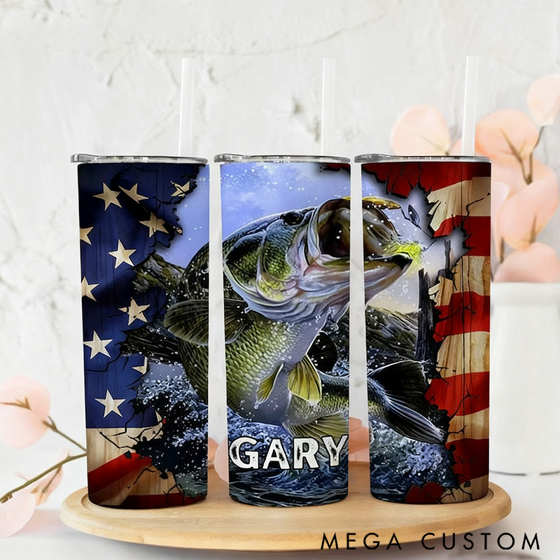 Personalized Fishing Tumbler Custom Name with Bass Fish and American Flag Design Fishing Travel Tumbler Bass Fishing Gifts Perfect Gift for Fishing Enthusiasts