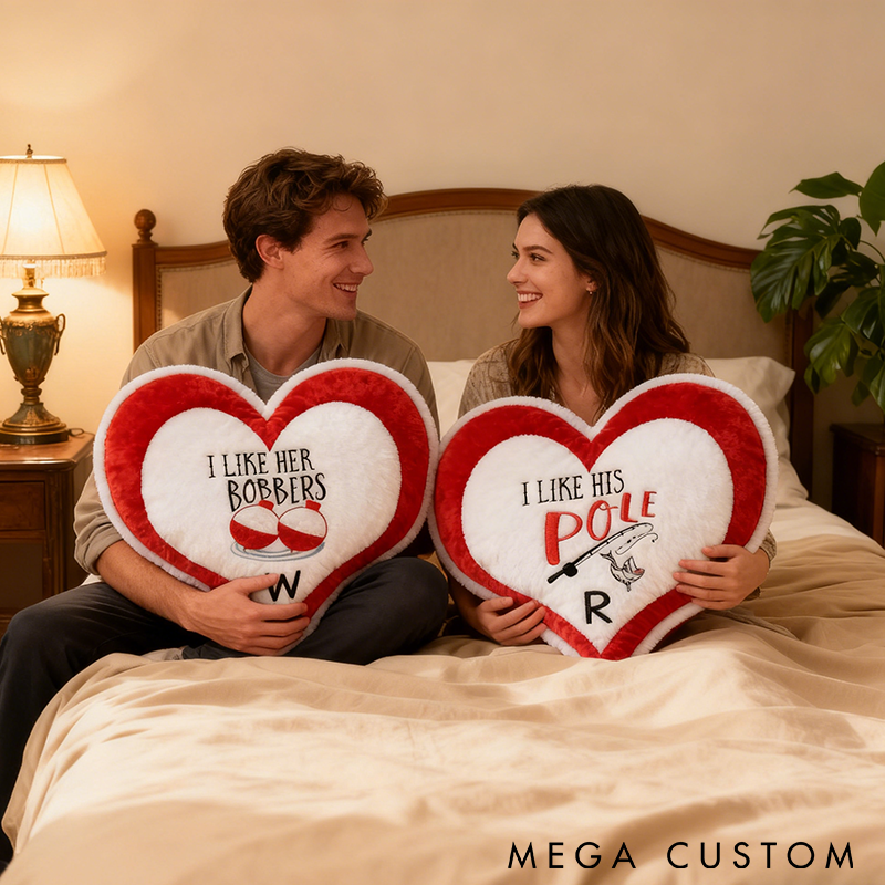 Personalized Couple Fishing Themed Heart Pillows Funny Fishing Pillows Custom Initials Funny Bobber and Pole Design Graphic 3D Print Perfect Gift for Fishing Lovers and Couples