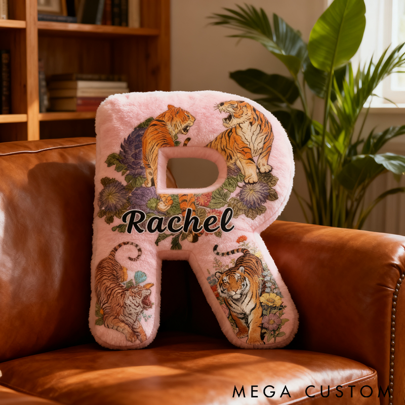 Personalized Letter Pillow with Tiger Design Custom Name Soft Plush Nature Adventure Theme Graphic 3D Print Unique Gift for Wildlife and Outdoor Lovers